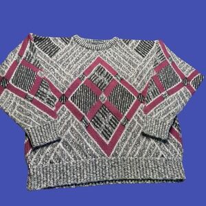 Ellis Island Sweater Medium Mens Gray Purple Geometric Knit Made in USA Vintage